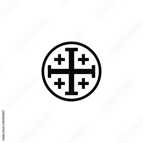 A simple black and white depiction of a byzantine cross within a circle