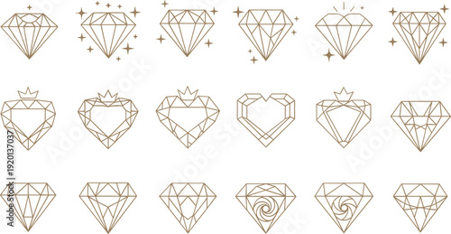 Luxury Diamond Line Icon Set with Sparkle Effects and Crown Elements for Jewelry Branding, Wedding Invitations, Logos, and Elegant Decorative Designs
