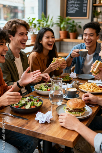 Diverse group of young friends laughing and enjoying a delicious meal together in a cozy restaurant setting