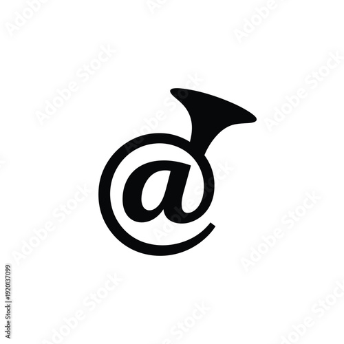 A stylized black silhouette of a french horn incorporating an at symbol