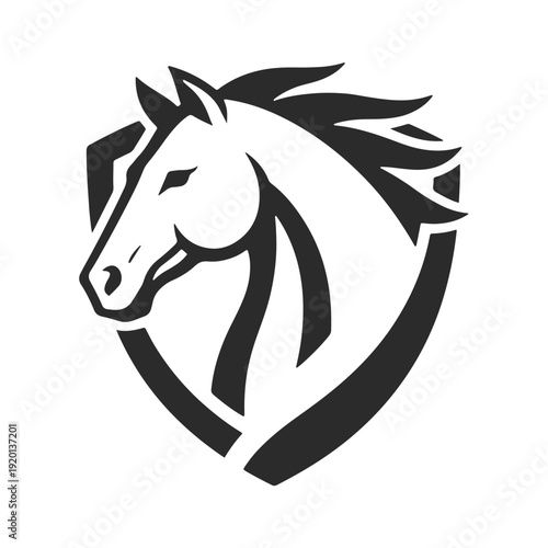 Horse head emblem inside a shield logo. Professional equestrian sport icon featuring a noble stallion