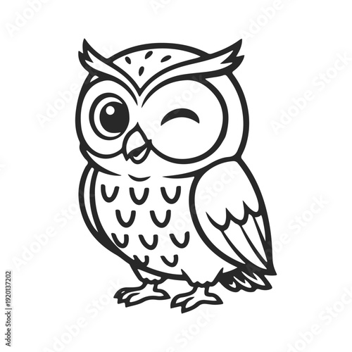 Cute cartoon owl character winking with one eye. Black and white line art illustration. Vector drawing