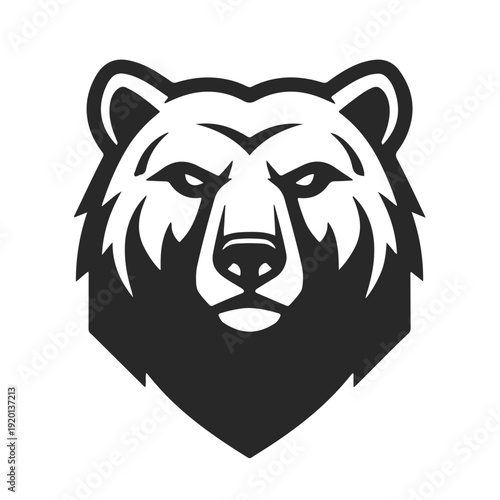 Black and white bear head. Forest predator, grizzly bear, wild animal, grizzly head, brown bear. Minimalistic vector illustration of a powerful forest animal