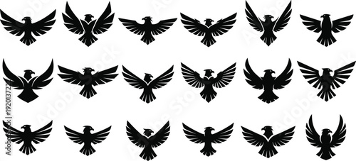 Black Eagle Silhouette Icon Set with Spread Wings in Flying and Landing Poses for Logos, Emblems, Tattoos, Mascots, and Heraldic Designs