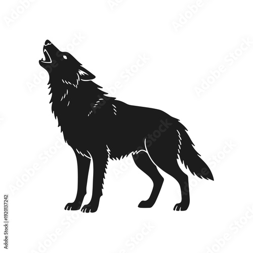 Black and white wolf silhouette. Wild predator, forest animal, howling wolf, alpha male. Vector graphics