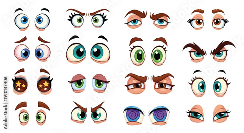 Big Set of Cartoon Eyes with Different Emotions and Colors Isolated on Light Background