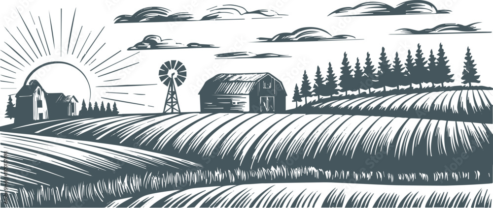 Fototapeta premium farm rural landscape with barn windmill pine trees sunrise rays fields