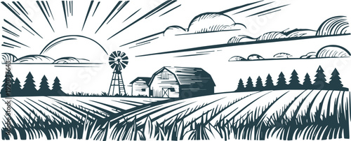farm woodcut style engraving of field barn windmill pine tree sky rays