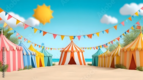 Colorful Tents Festival: A vibrant carnival scene unfolds beneath a cheerful sky, showcasing a row of brightly colored tents adorned with festive bunting and a sun. a scene of joy and celebration.