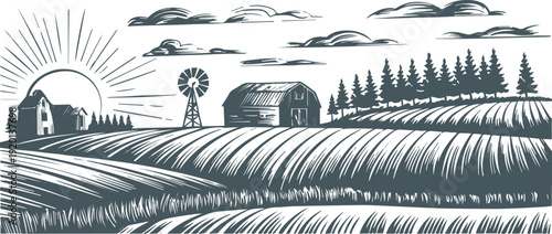 farm rural landscape with barn windmill pine trees sunrise rays fields