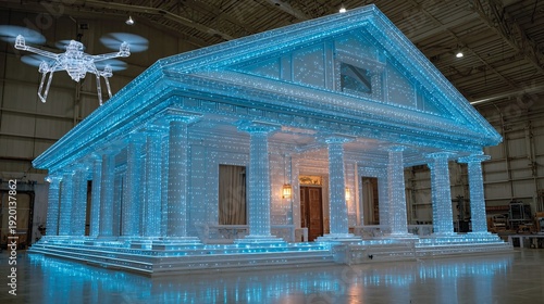 A futuristic architect studio where a hologram of a building is being adjusted by both a human and an AI drone