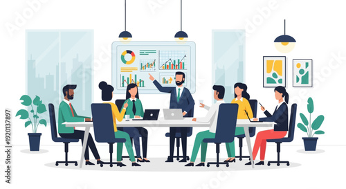 Business meeting with diverse team presenting data charts.