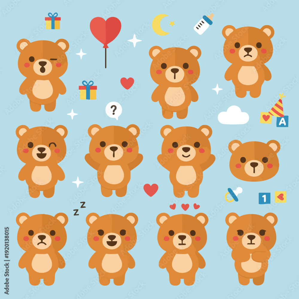 Fototapeta premium Cute Kawaii Teddy Bear Emoji Set, Cartoon Bear Expressions Illustration