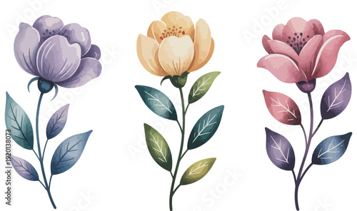 Elegant watercolor floral set showcasing vibrant yet soft pastel blossoms with delicate green leaves, ideal for spring themes, wedding invitations, or decorative artistic projects