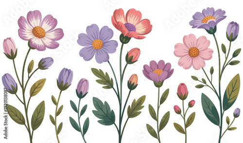 Beautiful collection of artistic spring wildflowers with soft pastel colors, ideal for elegant greeting cards, dreamy banners, and decorative backgrounds, evoking a whimsical hello spring feeling