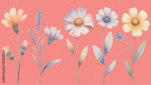 Softly Painted Wildflowers in Pastel Hues for a Delicate Spring Greeting Card or Background