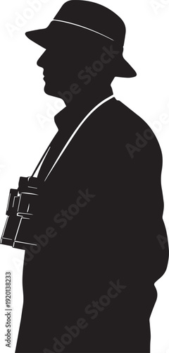 Bird watcher or tourist with binoculars, vector silhouette illustration in line art style