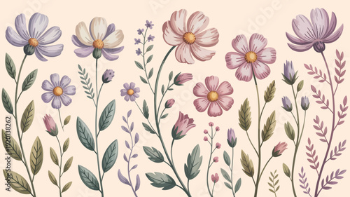 Delicate pastel spring wildflowers in an enchanting collection, featuring soft blossoms and artistic gradients, ideal for dreamy backgrounds, elegant cards, and charming spring banners