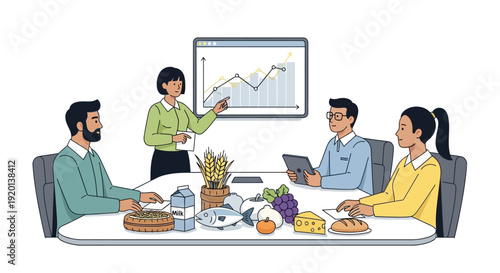 Business meeting with food presentation and growth chart.