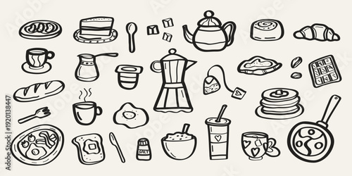 Breakfast food doodle set with hand drawn coffee, pastry and kitchen elements