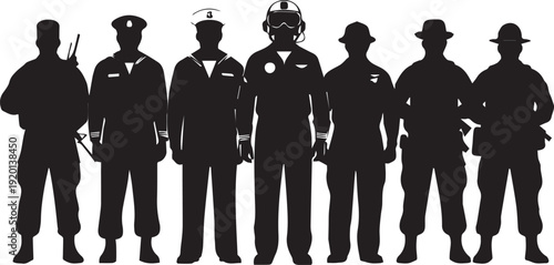 Military men vector silhouettes illustration with army soldier, sailor, pilot line art