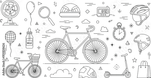 Hand Drawn Lifestyle Vector Illustration Set Featuring Bicycles Helmets Balloons Magnifying Glass Electric Scooter Digital Clock And Desktop Fan Line Art
