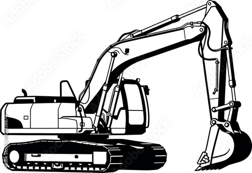 A black and white illustration of an excavator on tracks.