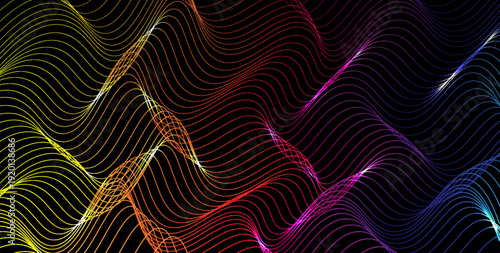 Vector illustration. Dark abstract background with neon gradient wave lines, smooth curves, vibrant futuristic style.