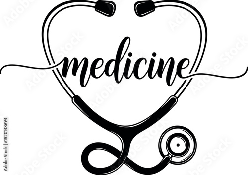 A stylized heart with stethoscope and the word medicine in cursive script.