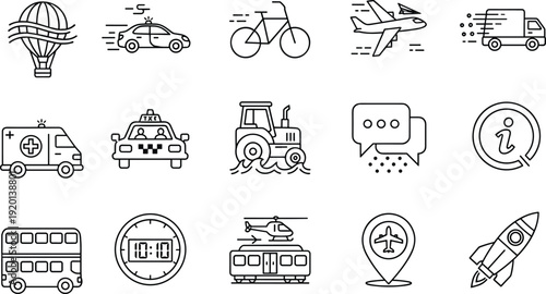 Hand Drawn Vector Icon Set Featuring Transportation Vehicles Like Airplane Rocket Bus Taxi Hot Air Balloon And Ambulance For Design