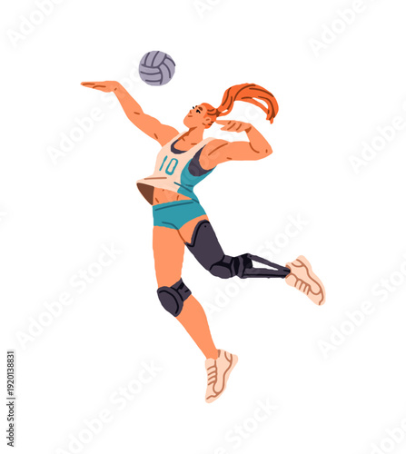 Inclusive girl in sportswear hits ball with hand. Sports player with prosthesis play volleyball. Athlete with disability does pass in jump. Flat isolated vector illustration on white background