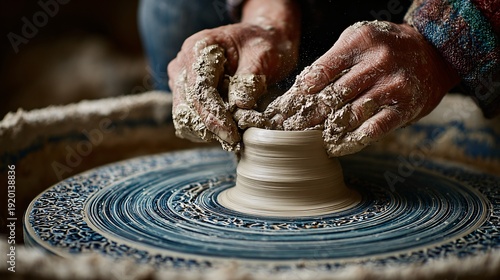 A potter shaping clay while a robotic arm helps stabilize the spinning wheel, messy hands, authentic craft