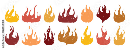 cozy hearth flame doodles in set, homey sketches depicting fireplace embers with chalk and crayon textures, warm ambient glow and intimate mood ideal for seasonal decor, interior branding, greeting