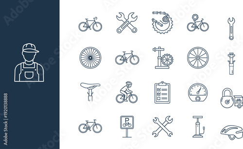 Professional Bicycle Repair and Maintenance Icon Set Featuring Mechanic Tools Pump Spare Parts Checklist Parking Sign and Cyclist Riding Vector