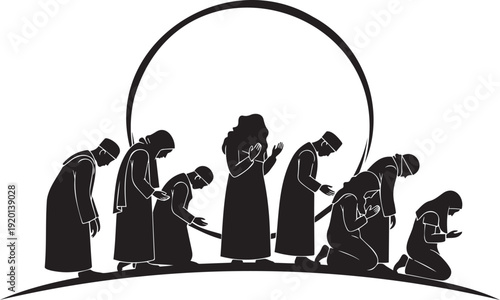 Diverse group of people in traditional attire praying together in unity