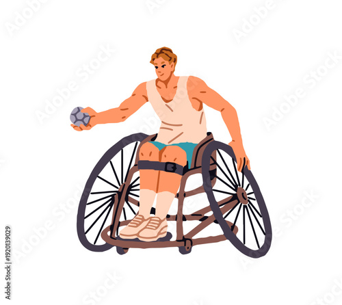 Athlete with disability catches, holds and throws ball. Player in wheelchair is in handball competition. Boy in wheel char plays sports game. Flat isolated vector illustration on white background
