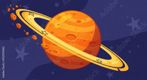 Vibrant cartoon planet with stunning ring system in deep space