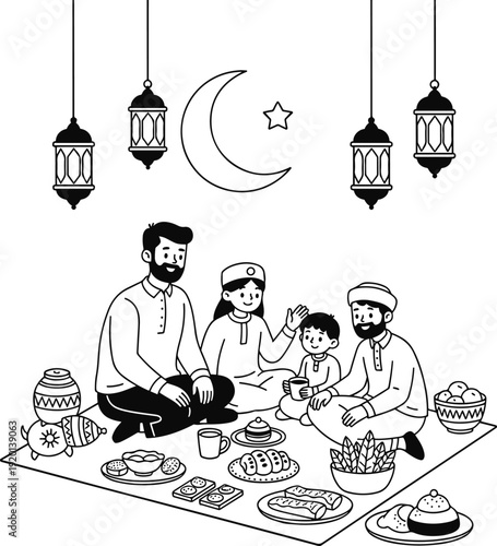 Muslim family enjoying traditional iftar meal together at home