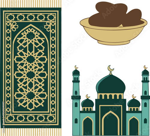 Ramadan Kareem celebration icons with mosque, lanterns, dates, and prayer mat