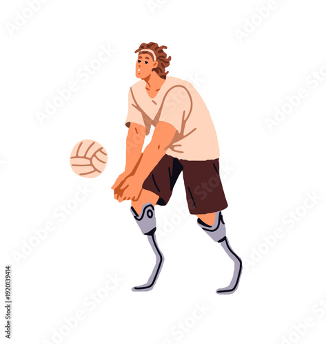 Athlete with legs' prosthesis plays volleyball. Sports player with disability hits ball with hands at game. Sportsman is training for competition. Flat isolated vector illustration on white background