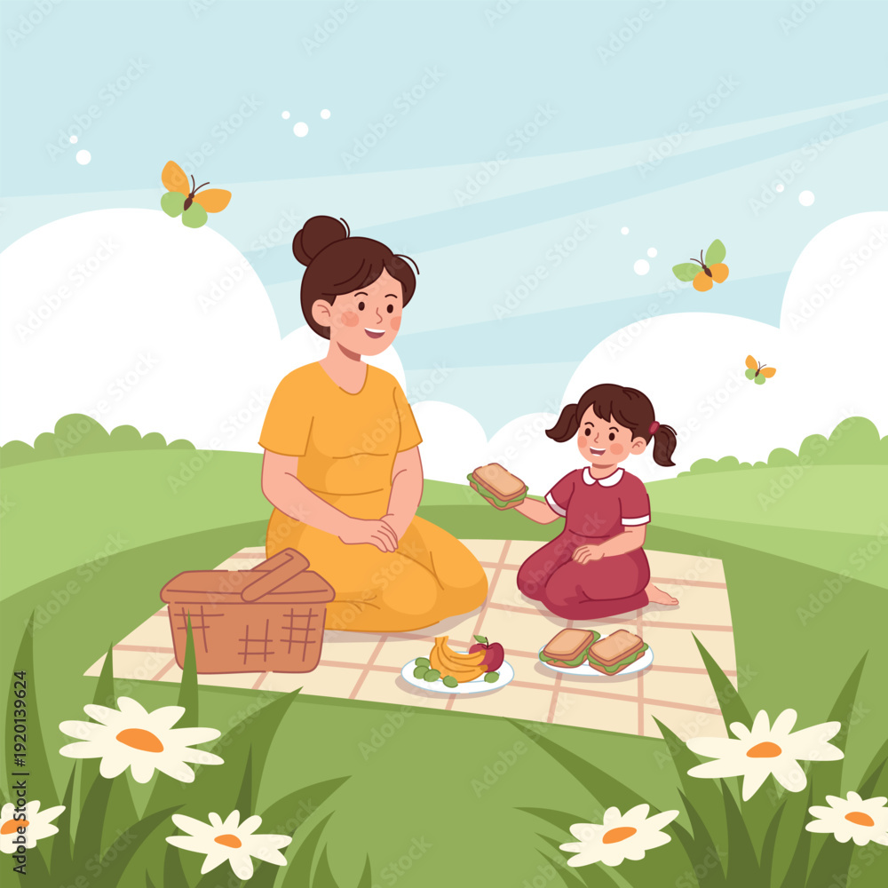 Fototapeta premium Mother and daughter having a picnic on green grass flat vector illustration