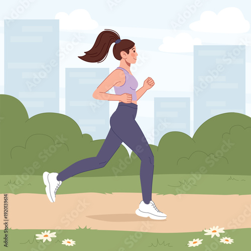 Healthy lifestyle concept with girl running outdoors flat vector illustration