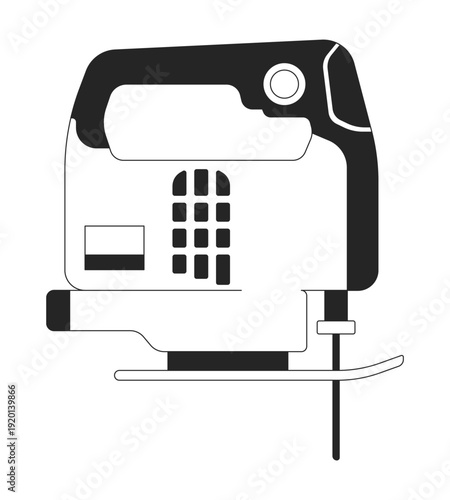 Electric jigsaw 2D line object. Woodworking power tool. Precise cutting. Mechanical device. Industrial carpentry equipment isolated clipart vector ink outline item. Monochrome spot illustration