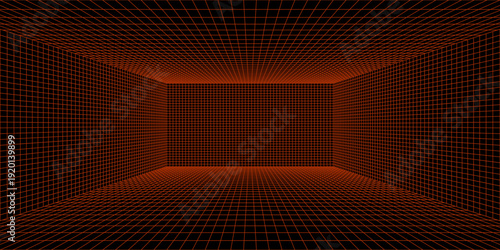 Glowing neon wireframe room floors ceiling, wall background. Red grid room in perspective. Bright retro futuristic wallpaper. Abstract checkered plane landscape. Game horizon surface. Vector backdrop