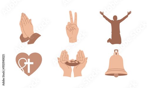 Prayer and worship hand gestures set with religious bell and heart cross vector silhouettes