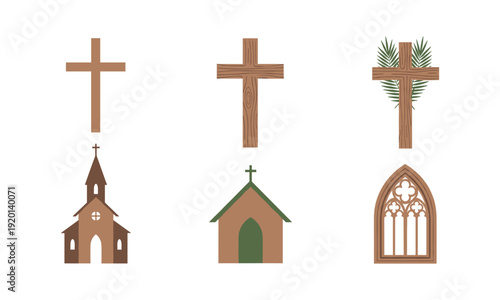Religious architecture and wooden cross icons set including church building vector designs
