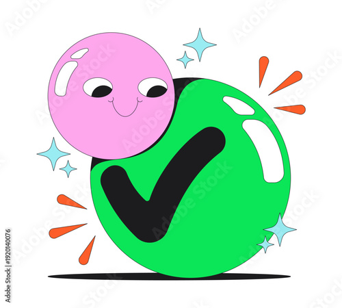 Funky groovy positive checkmark flash message success illustration. Happy task completion. Playful approval confirmed. Done UI state. Web design. Mobile onboarding. Flat vector concept. Micro UX scene