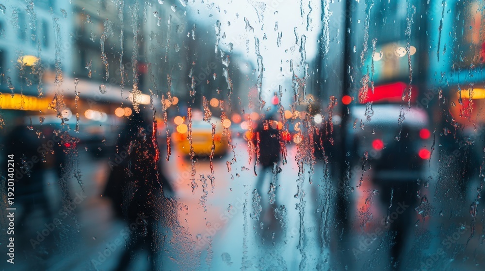 Naklejka premium 53.Raindrops streaking down a glass pane, foreground in clear detail while passersby on a busy city street appear in motion blur with indistinct outlines and muted colors