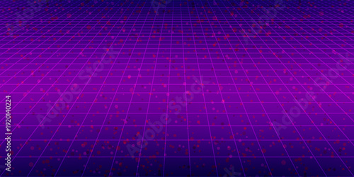 Neon wireframe horizon background. Light pink grid room floor in perspective. Glow magenta retro futuristic wallpaper. Abstract checkered plane landscape. Neon game floor surface. Vector backdrop