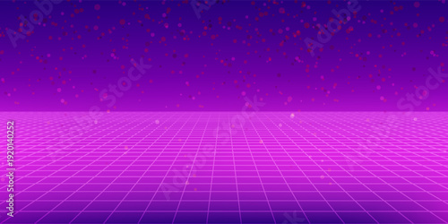 Neon wireframe horizon background. Light pink grid room floor in perspective. Glow magenta retro futuristic wallpaper. Abstract checkered plane landscape. Neon game floor surface. Vector backdrop